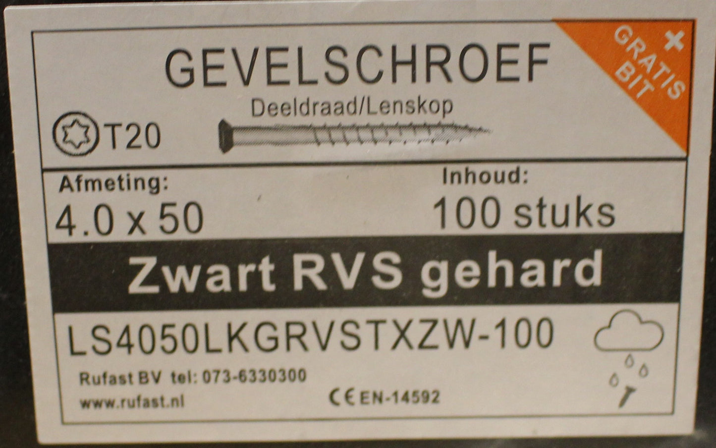 Zwarte gevelschroeven 4x40/4x80 rvs gehard