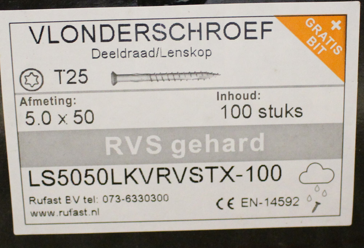 vlonderschroef 5x50 t/m  6x60  rvs gehard