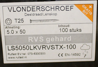 vlonderschroef 5x50 t/m  6x60  rvs gehard