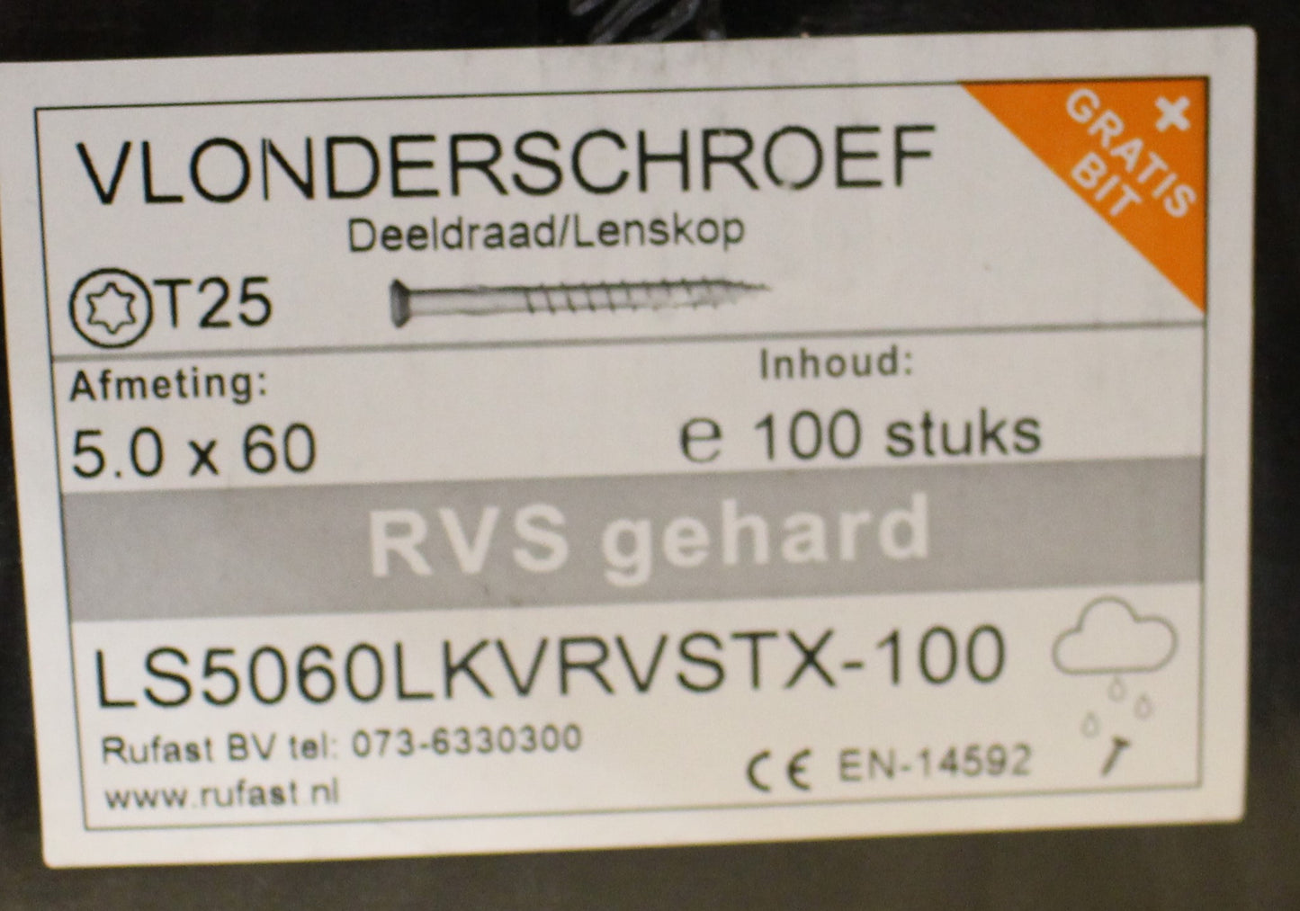 vlonderschroef 5x50 t/m  6x60  rvs gehard