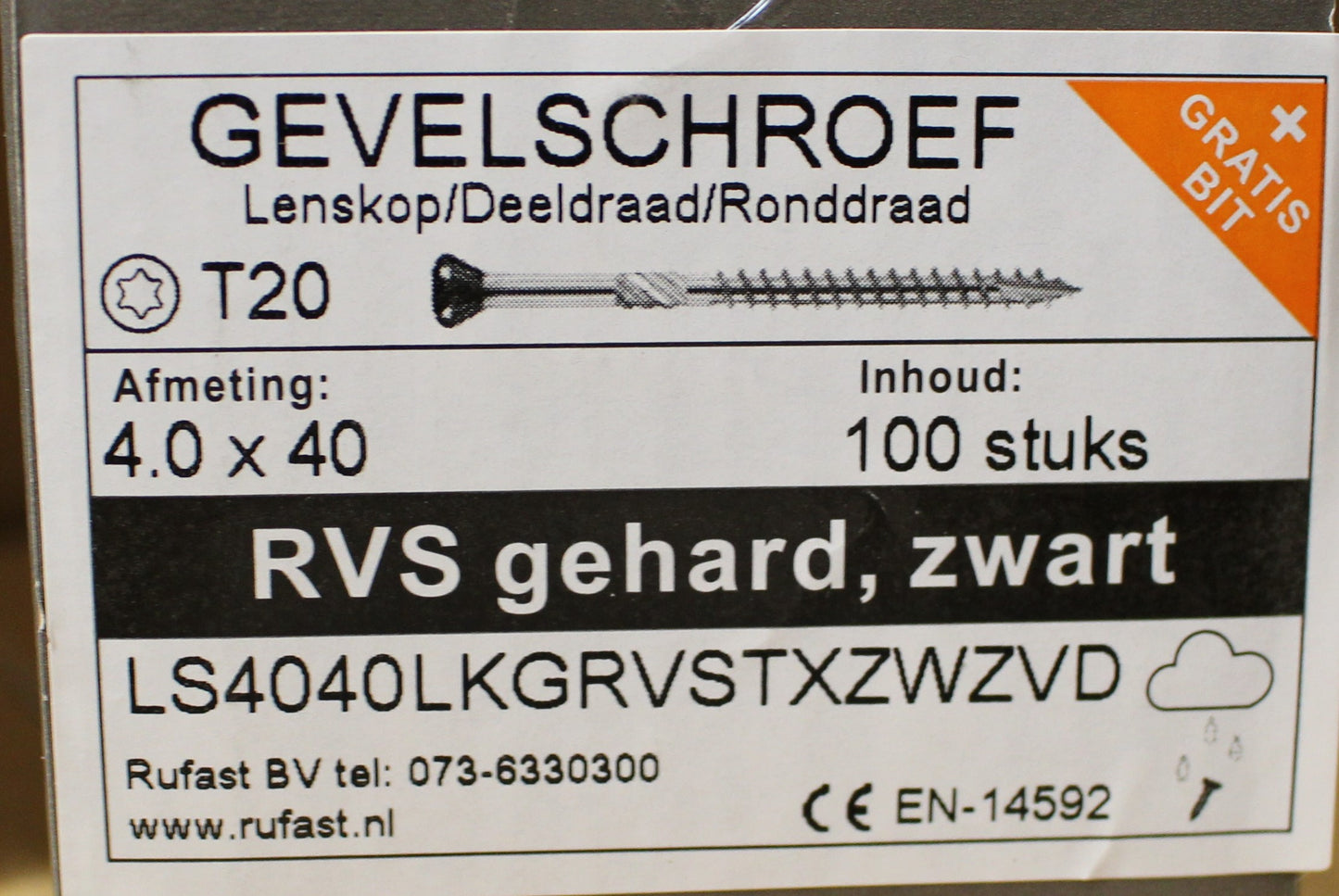 Zwarte gevelschroeven 4x40/4x80 rvs gehard