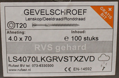 gevelschroef 4x40  t/m 5x90 rvs gehard