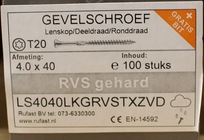 gevelschroef 4x40  t/m 5x90 rvs gehard