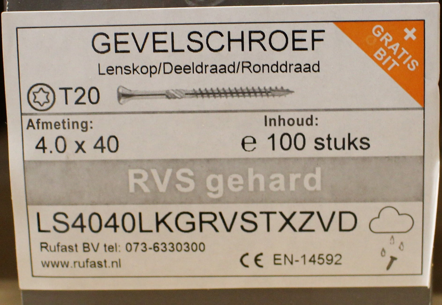 gevelschroef 4x40  t/m 5x90 rvs gehard