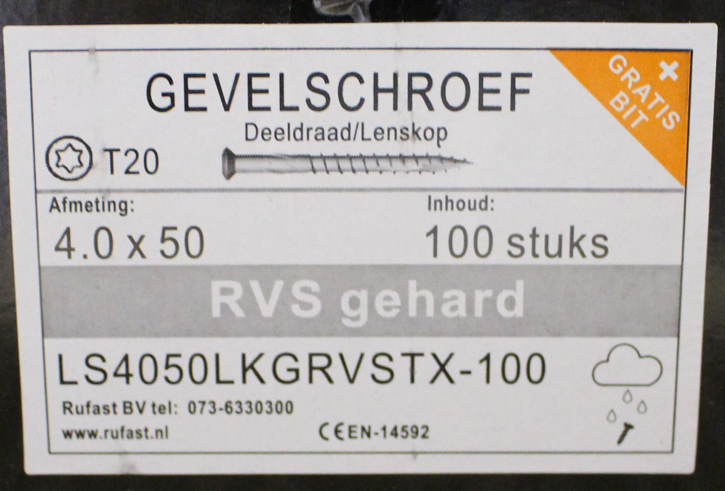 gevelschroef 4x40  t/m 5x90 rvs gehard