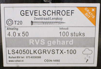 gevelschroef 4x40  t/m 5x90 rvs gehard