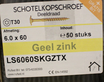 schotelkopschroef 6mm geel zink lengtes 100 t/m 300