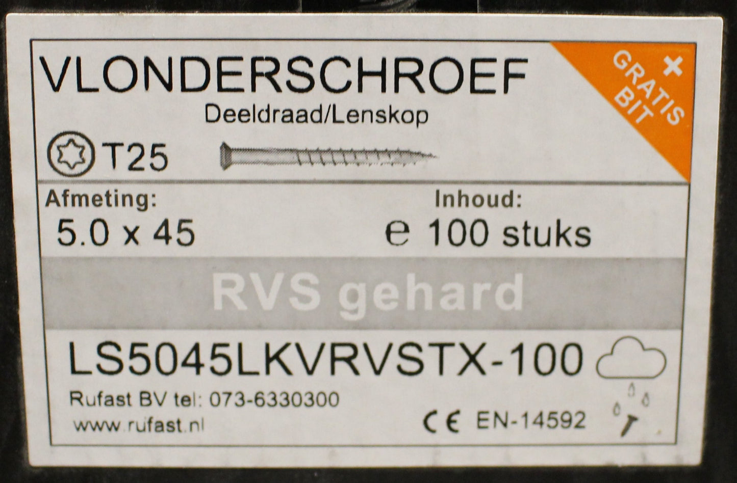 vlonderschroef 5x50 t/m  6x60  rvs gehard